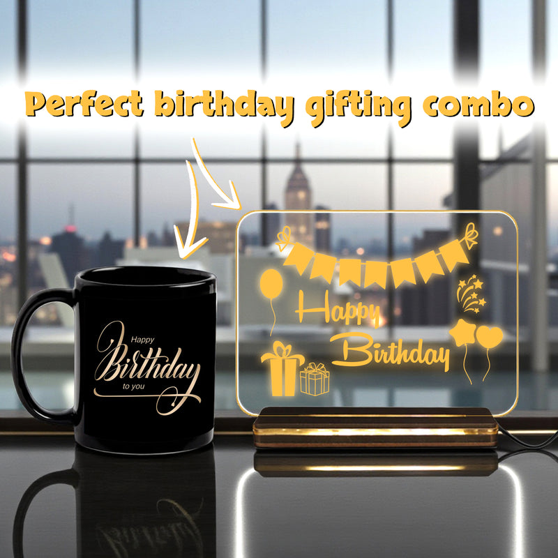 Happy Birthday LED Acrylic Night Lamp with Wooden Base & Ceramic Birthday Mug Combo