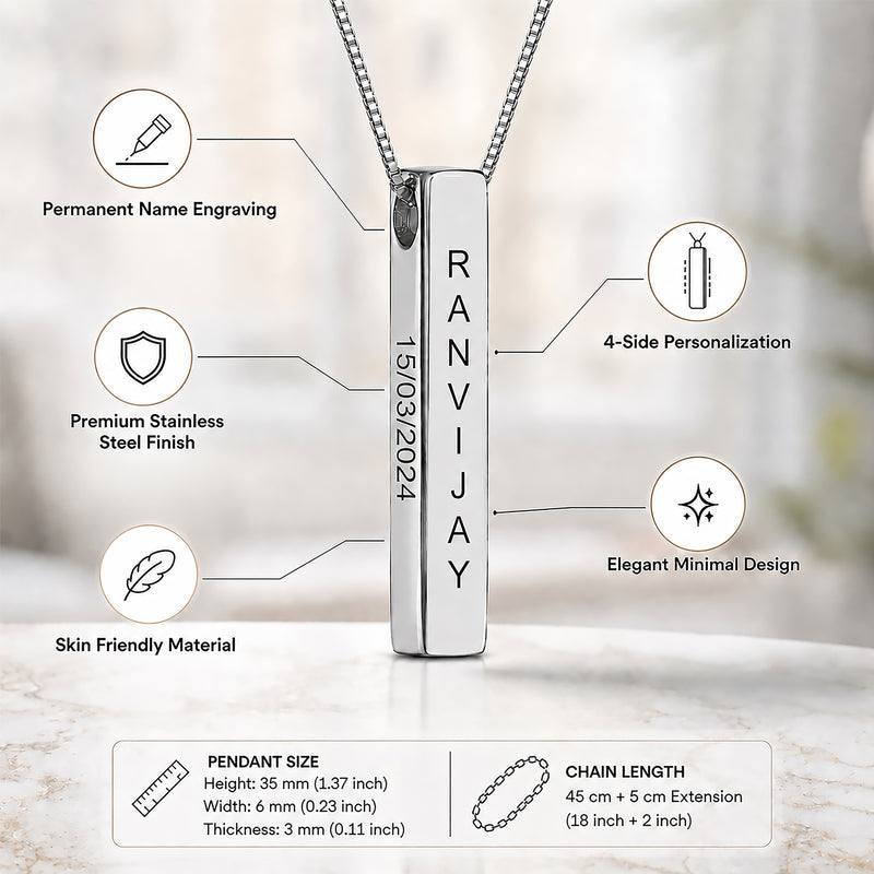 Personalized Bar Pendant Silver (Name on all 4 Sides)