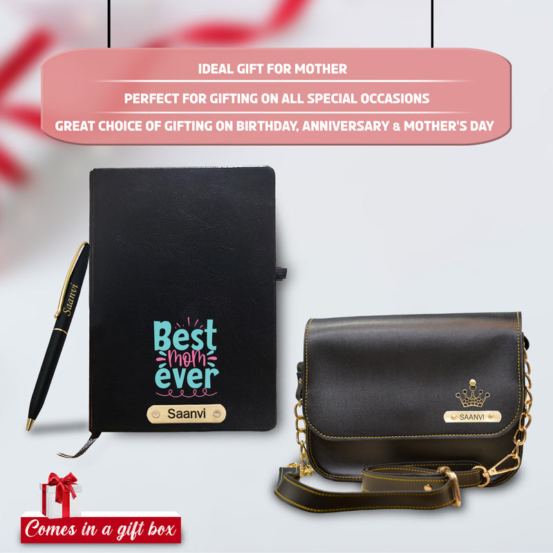 Customized Mother's Day Gift Set – Engraved Pen, 'Best Mom Ever' Diary, & Custom Sling Bag