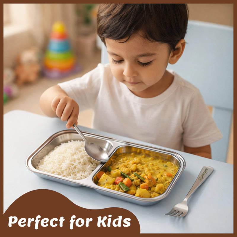 Customized Stainless Steel 2-Compartment Plate with Photo & Name | Kids Pav Bhaji Plate Set with Spoon & Fork