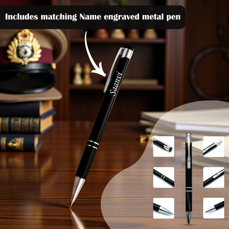 Customized Black Leather Diary with Coloured Police Logo & Name Engraved Pen.