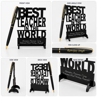 Custom Engraved Pen & Black Teacher's Stand.