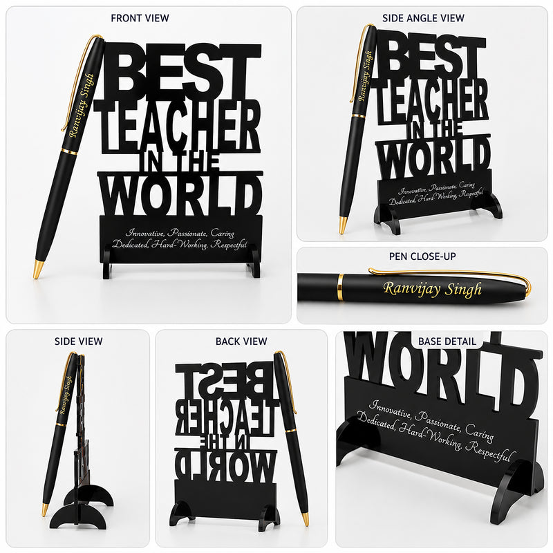 Custom Engraved Pen & Black Teacher's Stand.