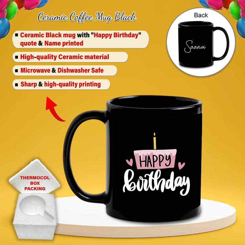 Birthday Gift Combo – Black Ceramic Coffee Mug &  Acrylic Keychain with 'Happy Birthday' Quote & Name.