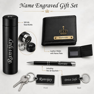 Customized Combo Set for Men (4 Pcs) –Customized Name Wallet, Stainless Steel Bottle, Pen & Keychain.
