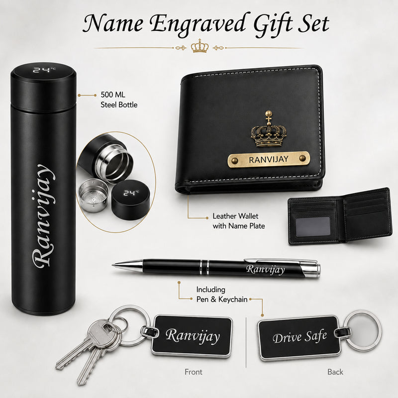 Customized Combo Set for Men (4 Pcs) –Customized Name Wallet, Stainless Steel Bottle, Pen & Keychain.