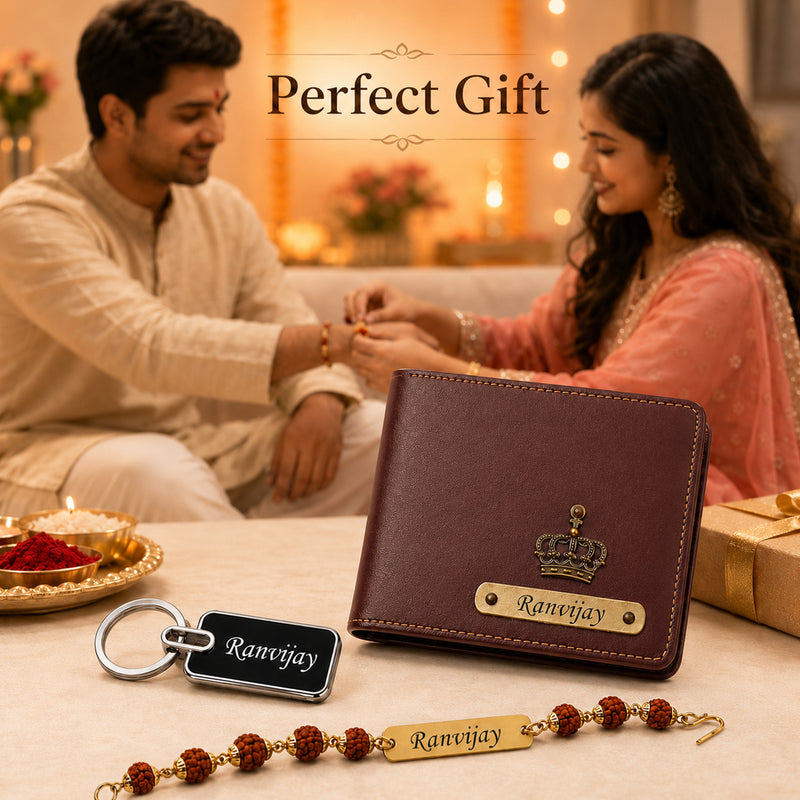 Customized Rakhi Gift for Brother | Personalized Men's Leather Wallet with Name & Charm,Personalized Metal Keychain & Rudraksha Rakhi with Name