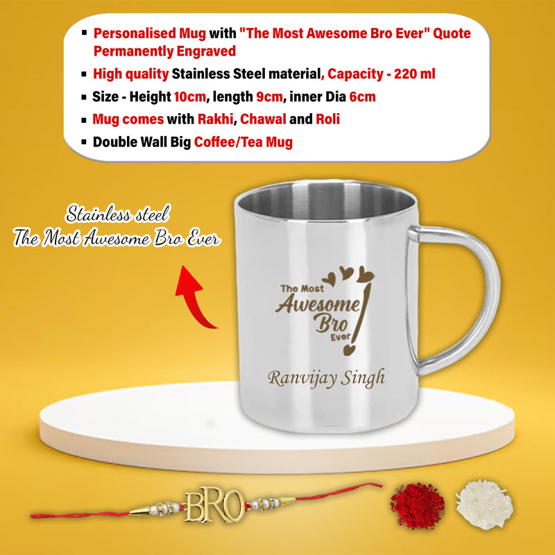 Personalized Rakhi Set: Awesome Bro Mug & Name Bottle.