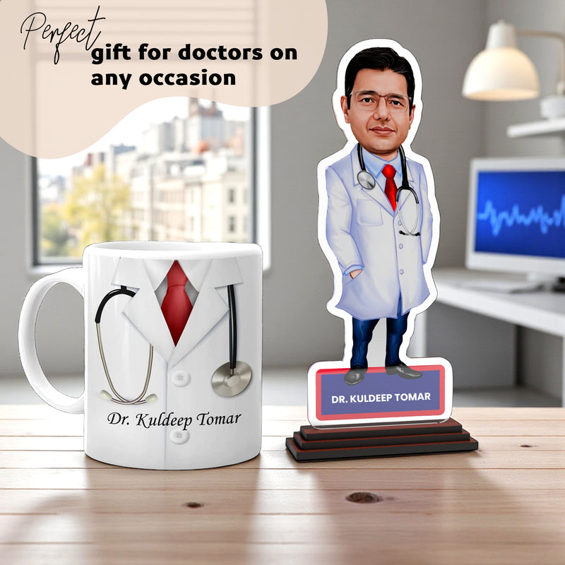Personalized Acrylic Caricature for Doctors 6x8 Inch with Custom Name Mug.