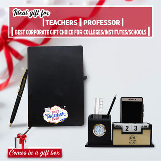 Teacher's Day Gift Set: Engraved Pen, Elegant Stand with Clock, & A5 Diary.