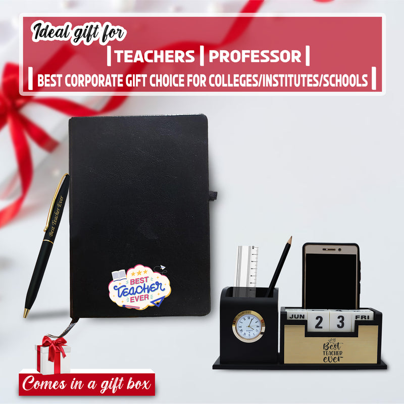 Teacher's Day Gift Set: Engraved Pen, Elegant Stand with Clock, & A5 Diary.