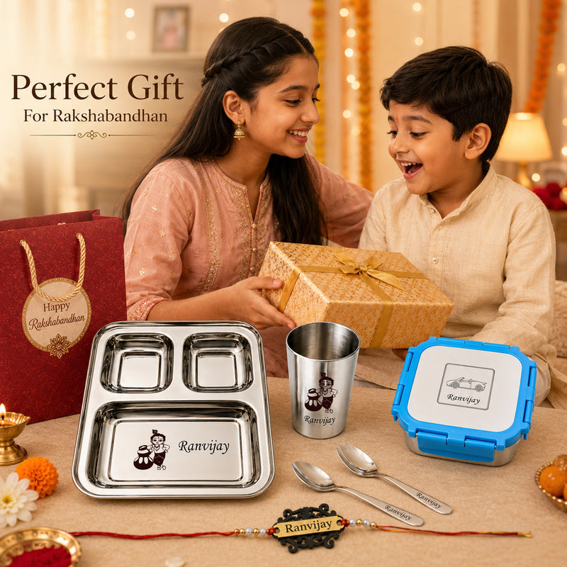 Customized Rakhi Gift Set | Custom Name Engraved 3 Compartment Steel Plate, Lunch Box & Foil Rakhi.