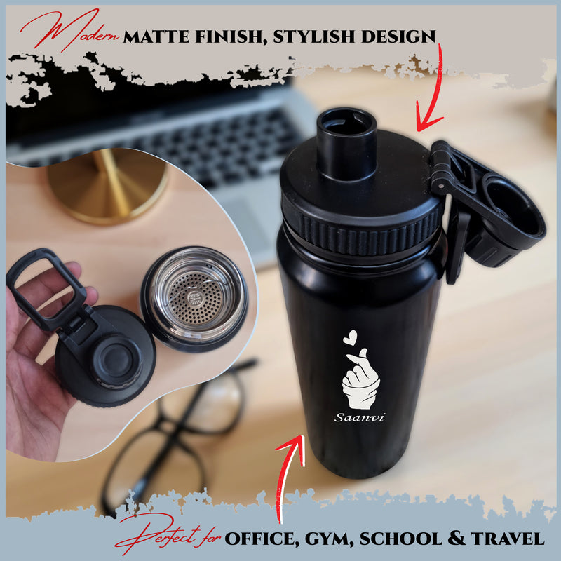 Personalized Steel Water Bottle 800 ml – Custom Name with Love Click Symbol