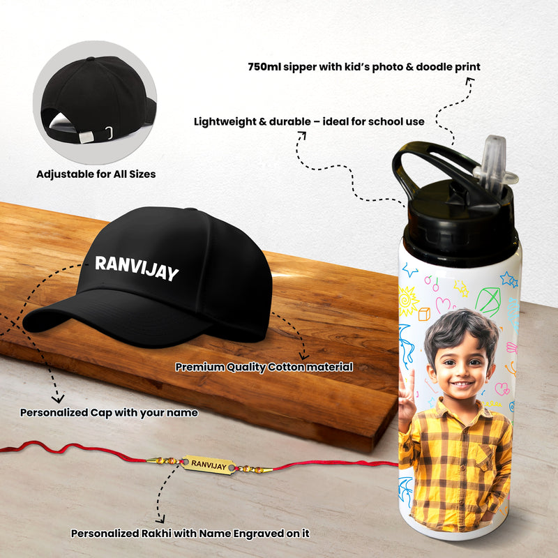 Rakhi Gift Set for Brother – Personalized Cap, Name Printed Duffle Bag, Photo Straw Bottle & Custom Name Foil Rakhi