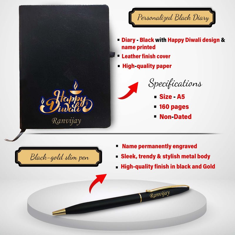 Diwali Gift Set – Pen, Diary, Pen Stand with Name & 'Happy Diwali' Quote.