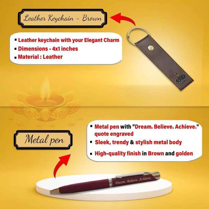 Diwali Gift Set for Men - Leather Wallet, Keychain & King Charm, Quote Engraved Pen