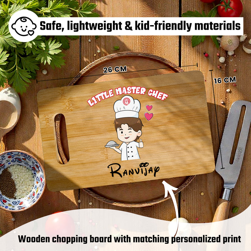 Customized Little Master Chef Gift Combo for Kids | Name Printed Apron & Wooden Board