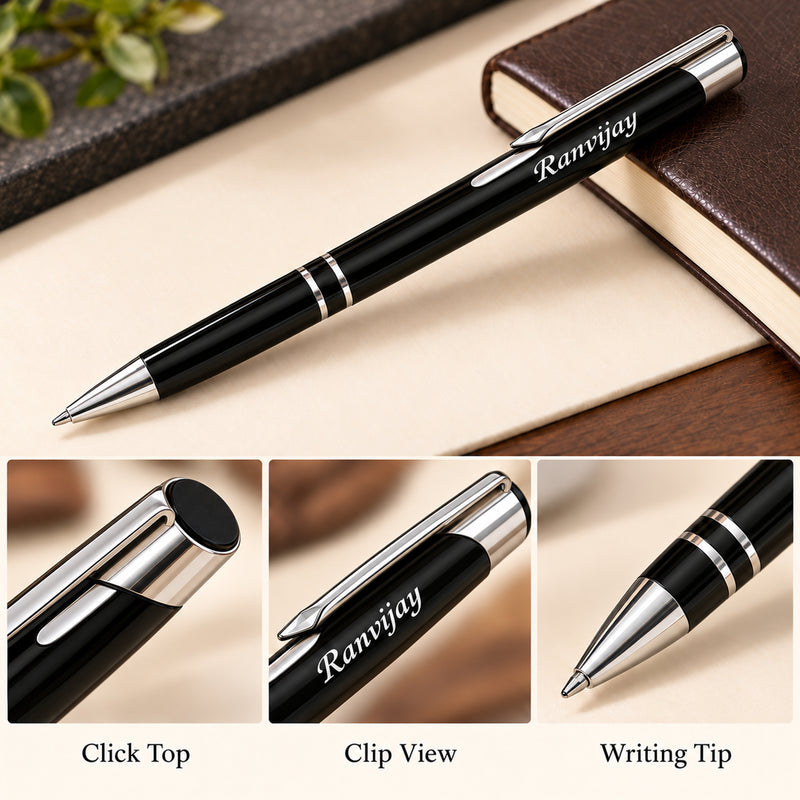 Personalized Metal Ballpoint Pens with Company Name Printed | Black Pen Pack of 5 | Refillable Corporate Pens