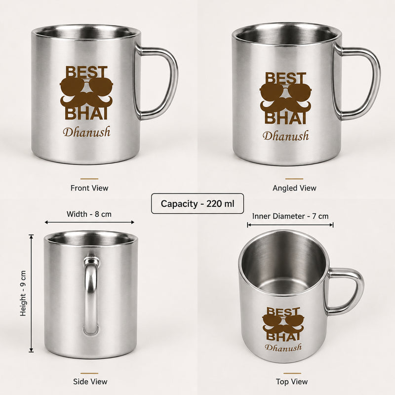 Customized Stainless Steel Mug with 'Best Bhai' Quote & design Engraved.