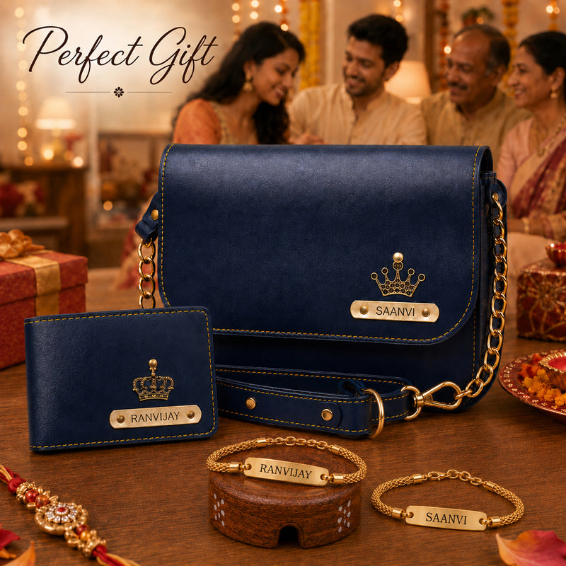 Raksha Bandhan Gift Hamper for Bhaiya & Bhabhi | Customized Men's Leather Wallet & Sling Bag with Name & Charm and Set of 2 Personalized Chain Rakhis with Name Engraved.