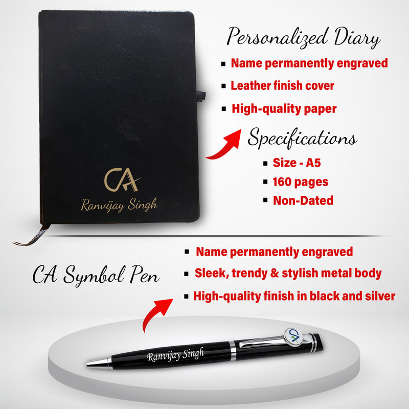 CA Combo: CA Pen Stand, Logo Pen & Engraved Black Diary