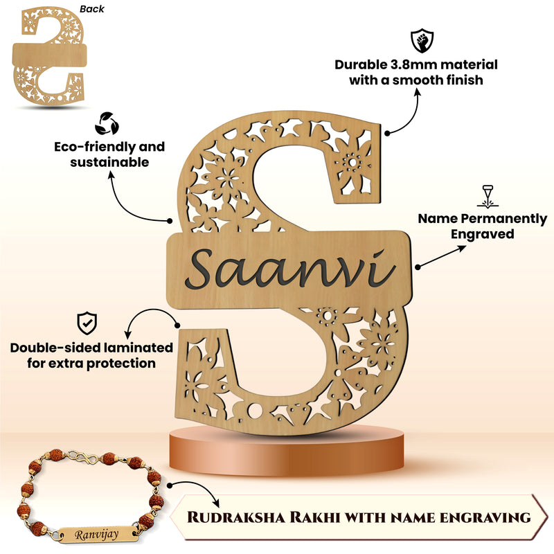 Rakhi Gift for Brother – Customized Straw Tumbler, Wooden Monogram Initial & Name‑Engraved Rudraksh Rakhi
