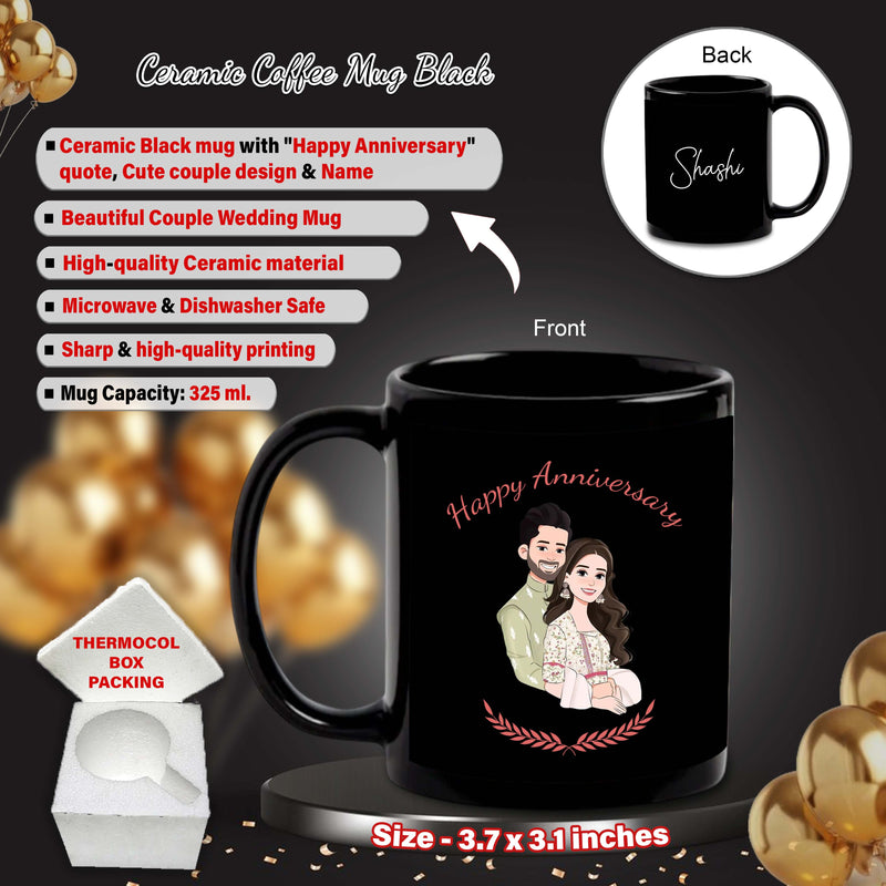 Black Mug & Keychain with Happy Anniversary Quote & Couple Image Printed with Name –