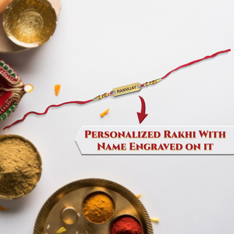 Rakhi Gift Combo – Personalized Square Plate Set with Foil Rakhi.