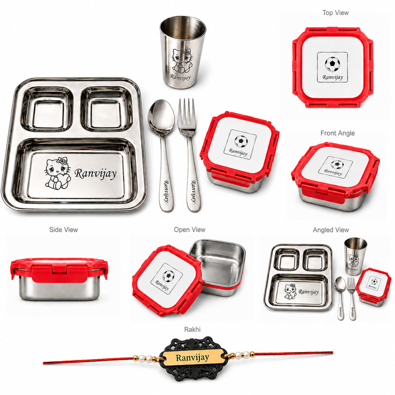Customized Rakhi Gift Set | Custom Name Engraved 3 Compartment Steel Plate, Lunch Box & Foil Rakhi.