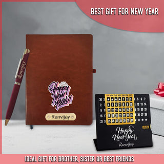 Customized New Year Hamper Combo (Brown) - Infinity Calendar, Slim Pen & Leather Diary