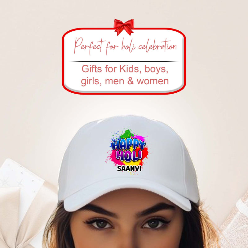 White Holi Cap with Name Printed – Happy Holi Festival Cap for Men & Women