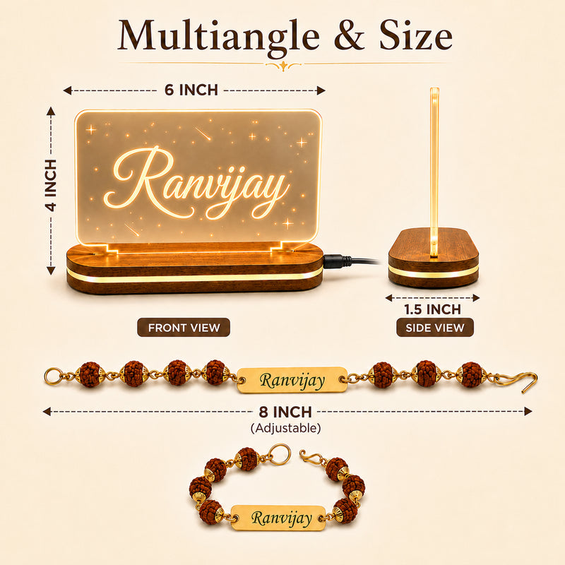 Customized Acrylic LED Photo Frame with Name & Personalized Rudraksha Rakhi for Brother