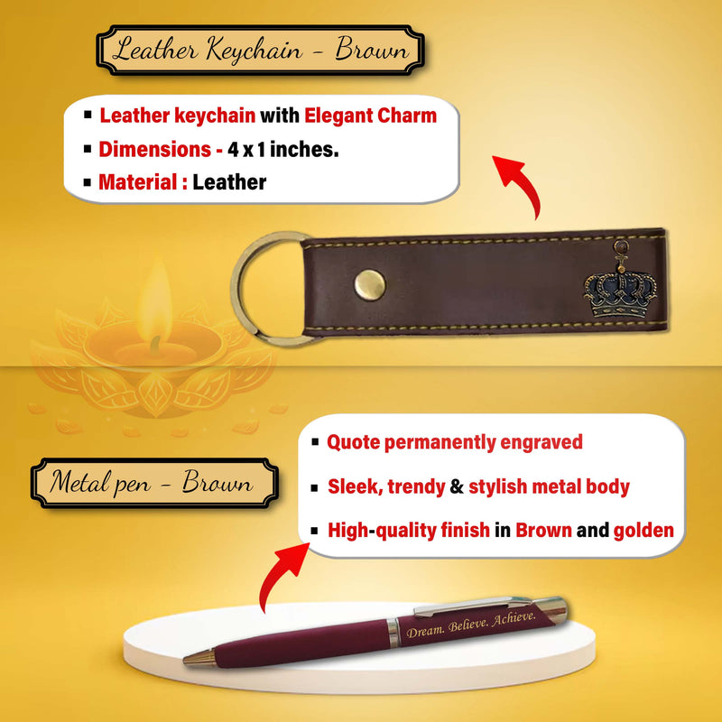 Diwali Gift Set – Men's Leather Wallet, King Charm, Keychain, Pen & 'Happy Diwali' Bottle.