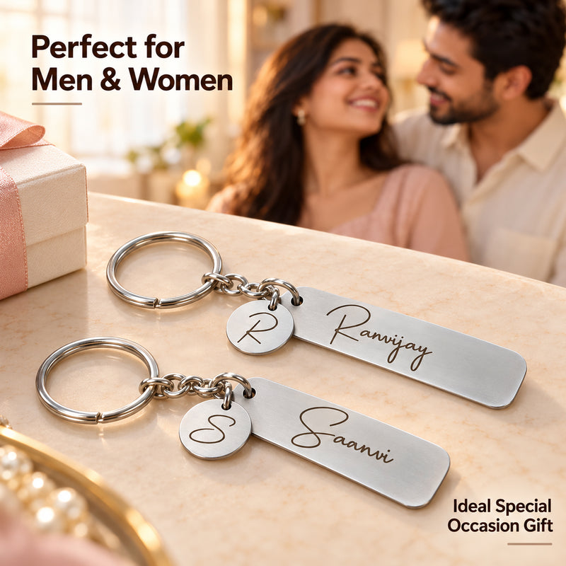 Personalized Initial Keychain | Stainless Steel Bar Key Ring with Round Letter Charm | Gift for Men & Women