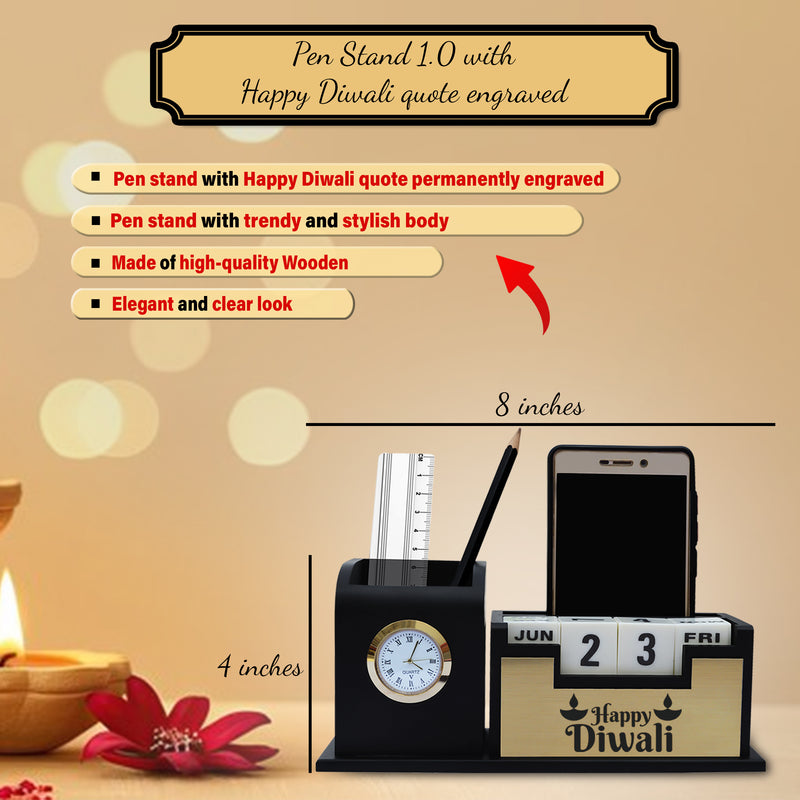 Diwali Gift Set -Pen,Diary & Pen Stand with 'Happy Diwali' Quote Engraved