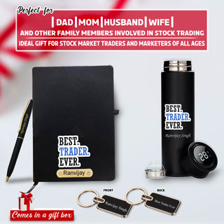 Customized Trader Gift Set – Metal Keychain, Temperature Bottle, Slim Pen, and A5 Black Diary.