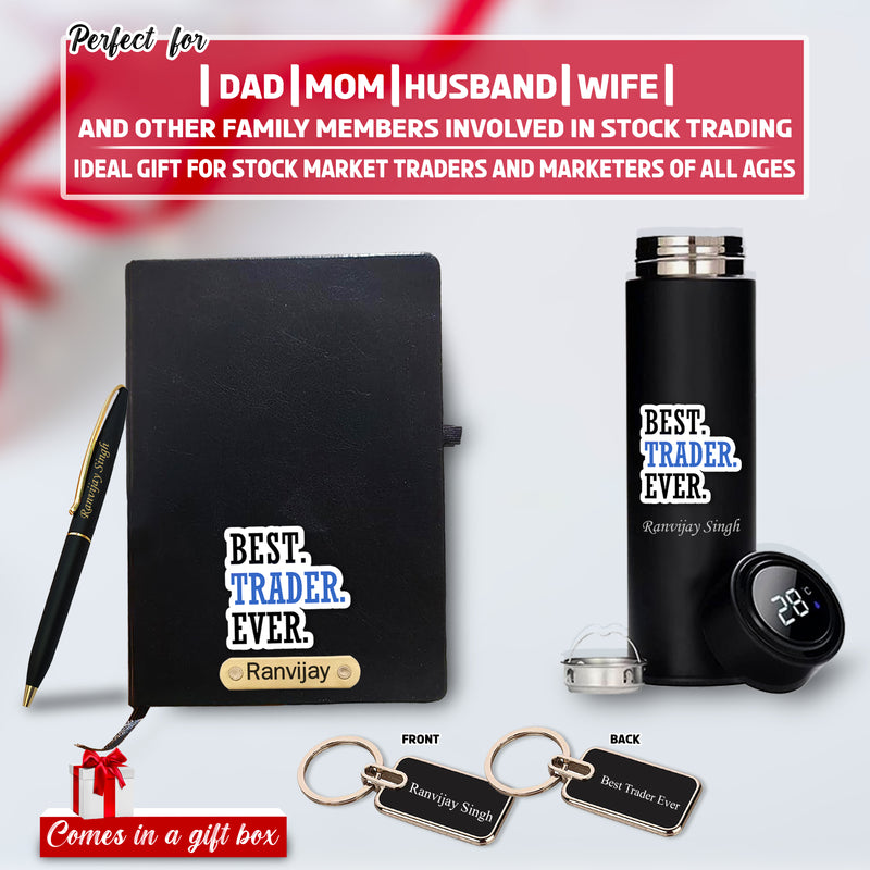 Customized Trader Gift Set – Metal Keychain, Temperature Bottle, Slim Pen, and A5 Black Diary.