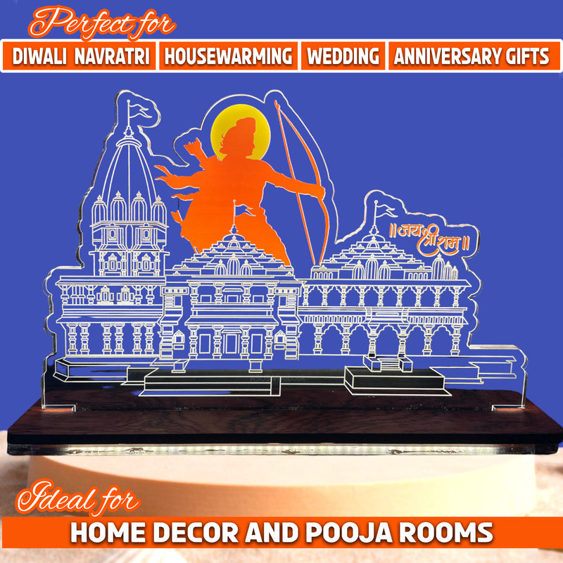 Acrylic Ram Mandir Miniature with LED Light & Wooden Base