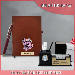 Customized New Year Gift Hamper - Brown Pen, Diary, and Pen Stand