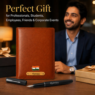 Customized Brown Diary & Branded Parker Fountain Pen Gift Set with Name Engraved.