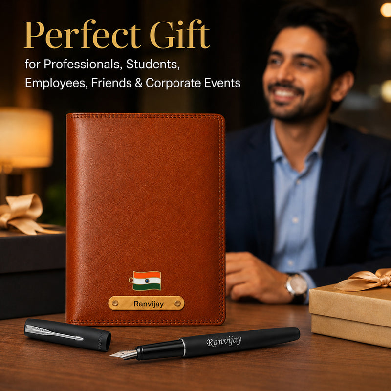 Customized Brown Diary & Branded Parker Fountain Pen Gift Set with Name Engraved.