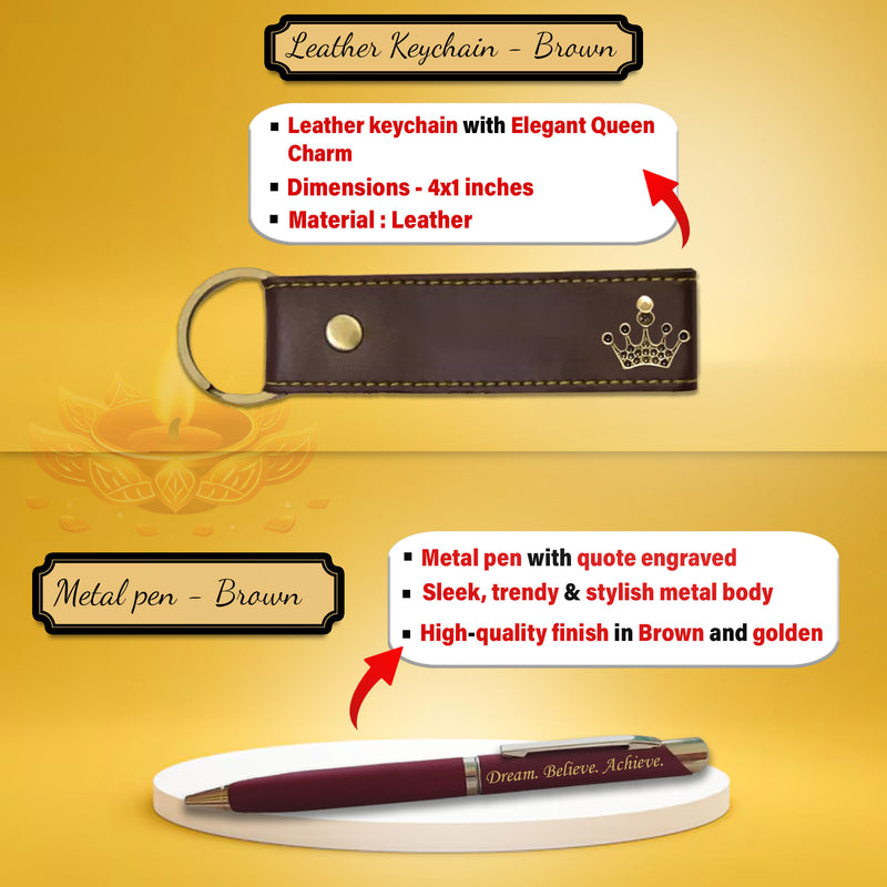 Diwali Gift Set for Women – Leather Clutch with Queen Charm, Engraved Pen & Keychain.