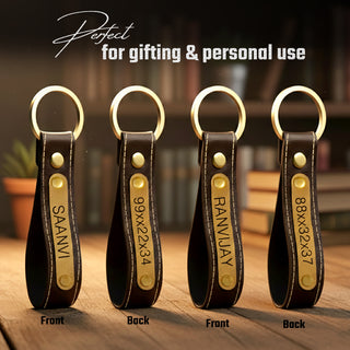 Leather Keychain Set of 2 with Custom Name, House Number & Mobile Number Engraved