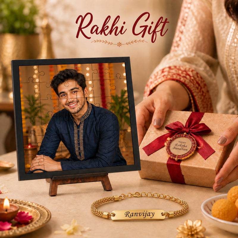 Customized Puzzle Photo Frame with Photo & Personalized Golden Chain Rakhi for Brother