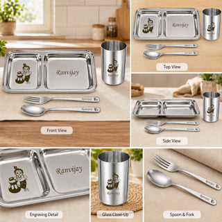 Customized 2 Compartment Stainless Steel Dinner Plate with Spoon & Fork – Name & Design Engraved
