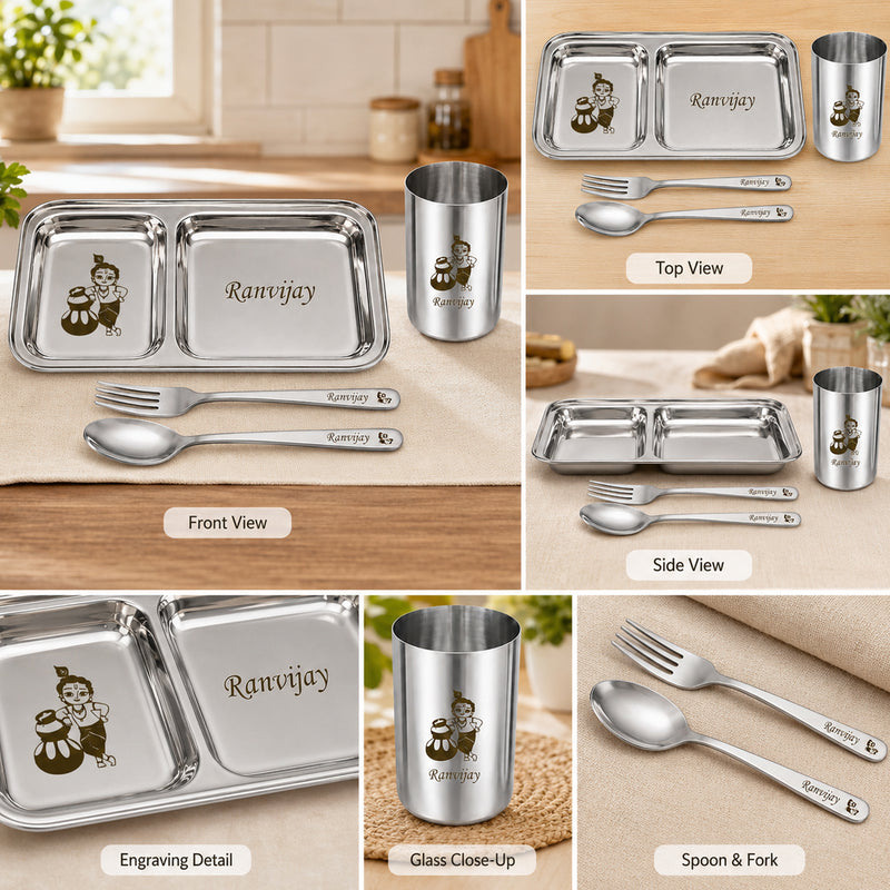 Customized 2 Compartment Stainless Steel Dinner Plate with Spoon & Fork – Name & Design Engraved