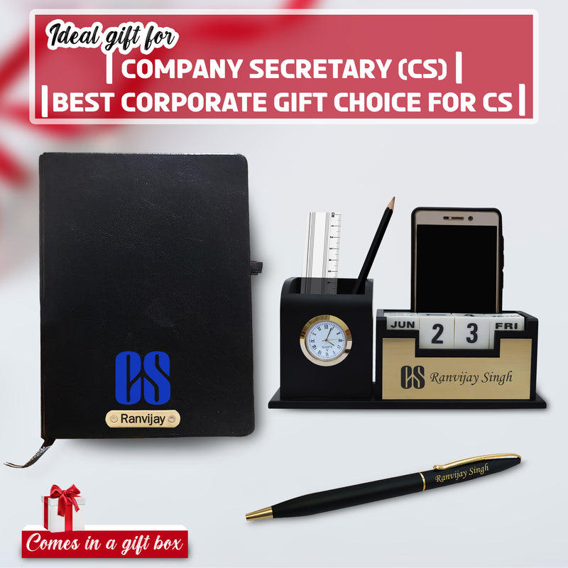 Customized CS Combo Set: Coat Pen Stand, Logo Pen & Engraved Diary.