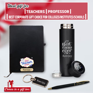 Customized Teacher Gift Set-Metal Keychain, Temp Black Bottle,Black-Gold Slim Pen,& A5 Black Diary.