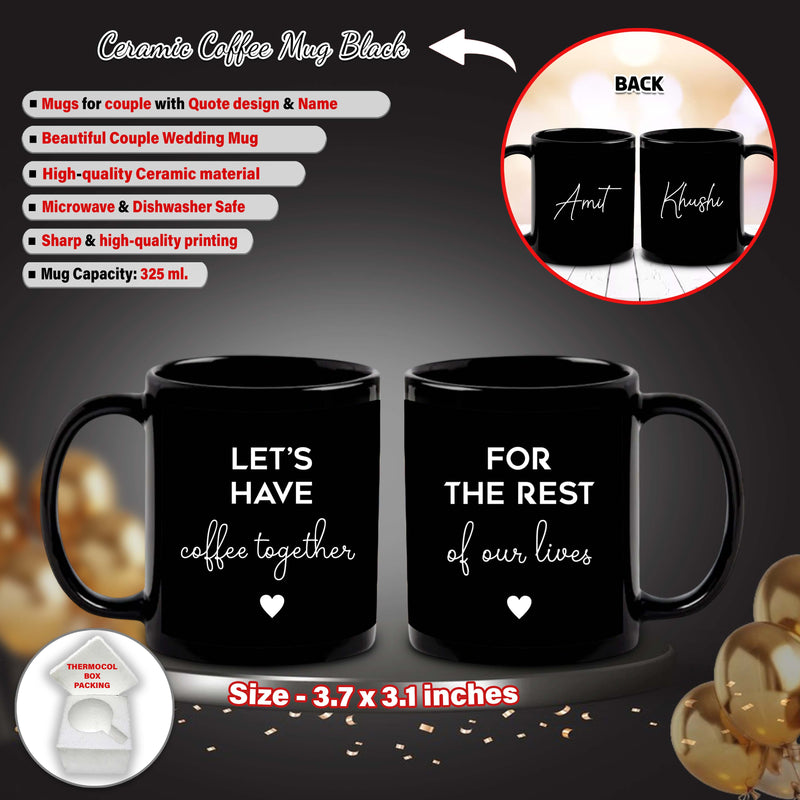 Anniversary Combo – Black Patch Mug & Keychain (Set of 2) with Let's Have Coffee Together Quote & Custom Name Printed.