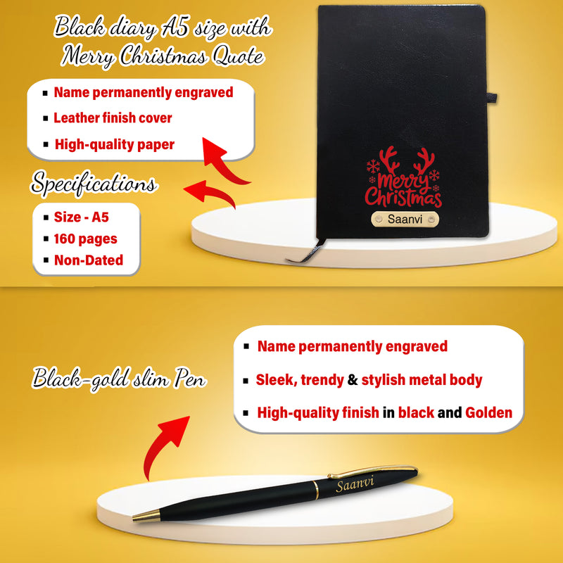 Customized Christmas Combo (Female) - Pen, Black A5 Diary, Leather Clutch